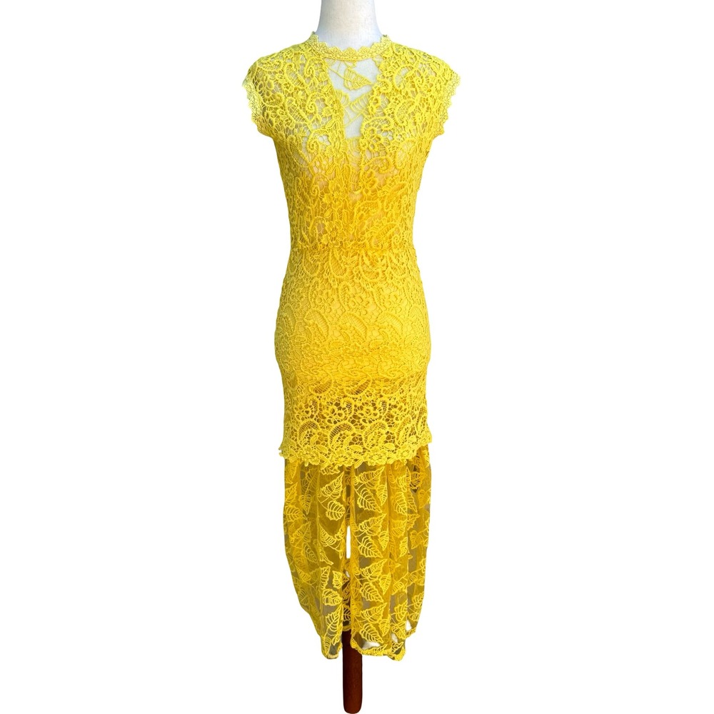 Onayaya Yellow Floral Guipure Lace Open Back Bodycon Feminine Midi Dress S NEW